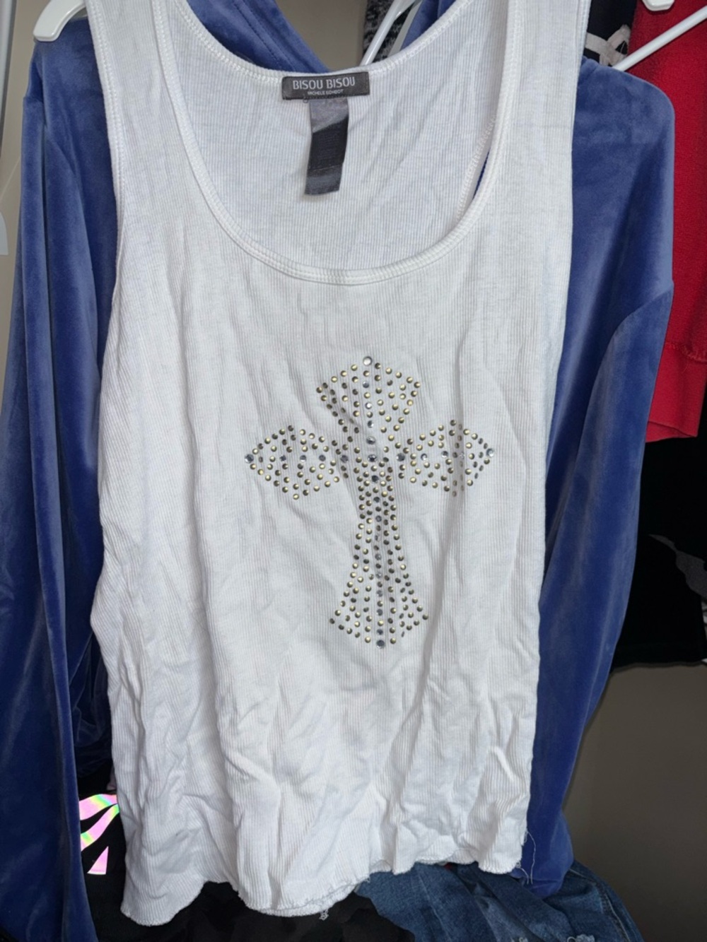 Bisou Bisou White Ribbed Tank with Studded Cross